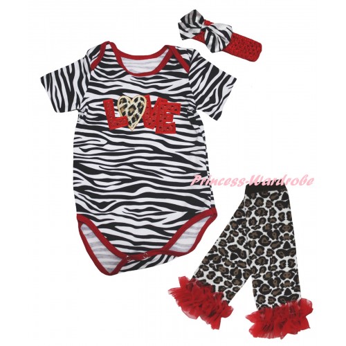 Red Zebra Baby Jumpsuit & Sparkle Red LOVE Leopard Heart Print & Red Headband Zebra Bow & Red Ruffles Black Leopard Leg Warmer Set TH850
