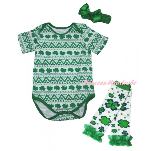 St Patrick's Day White Kelly Green Clover Baby Jumpsuit & Kelly Green Headband Bow & Kelly Green Ruffles White Kelly Green Clover Leg Warmer Set TH851