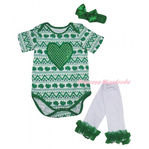 St Patrick's Day White Kelly Green Clover Baby Jumpsuit & Sparkle Kelly Green Heart Print & Kelly Green Headband Bow & Kelly Green Ruffles White Leg Warmer Set TH853