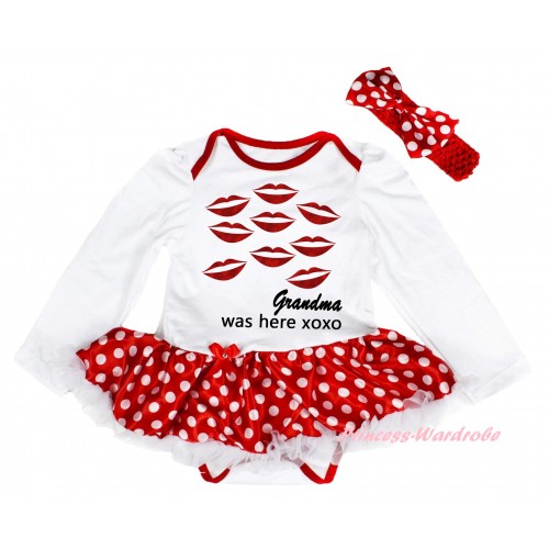 Valentine's Day White Long Sleeve Baby Bodysuit Jumpsuit Minnie Dots White Pettiskirt & Sparkle Red Kisses Black Grandma Was Here Xoxo Painting & Red Headband Minnie Dots Satin Bow JS6376