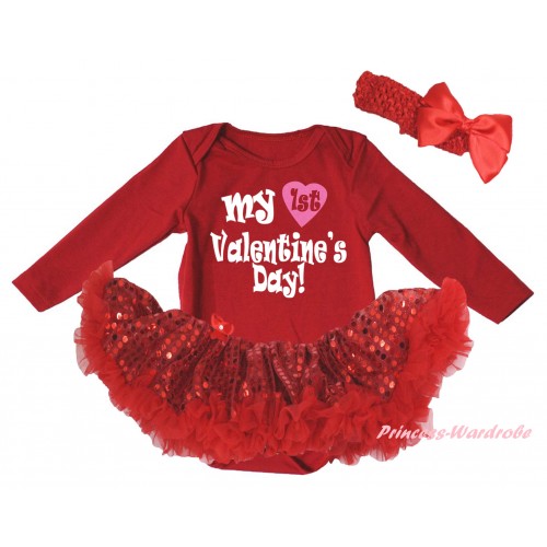 Valentine's Day Red Long Sleeve Baby Bodysuit Jumpsuit Red Sequins Pettiskirt & My 1st Valentine's Day! Painting & Red Headband Bow JS6377