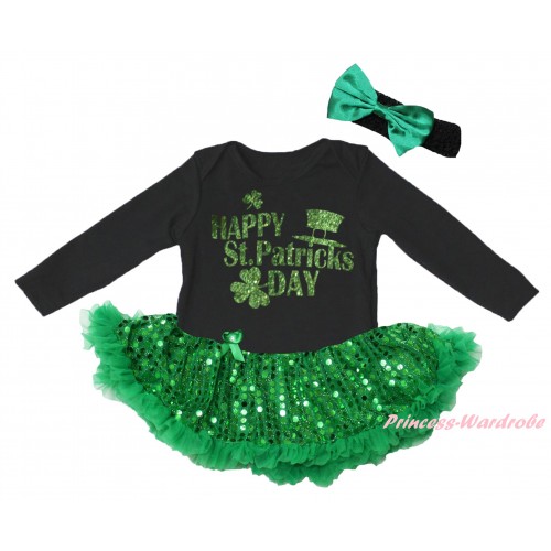 St Patrick's Day Black Long Sleeve Baby Bodysuit Jumpsuit Bling Kelly Green Sequins Pettiskirt & Sparkle Green Happy St Patrick's Day Painting & Black Headband Kelly Green Bow JS6396