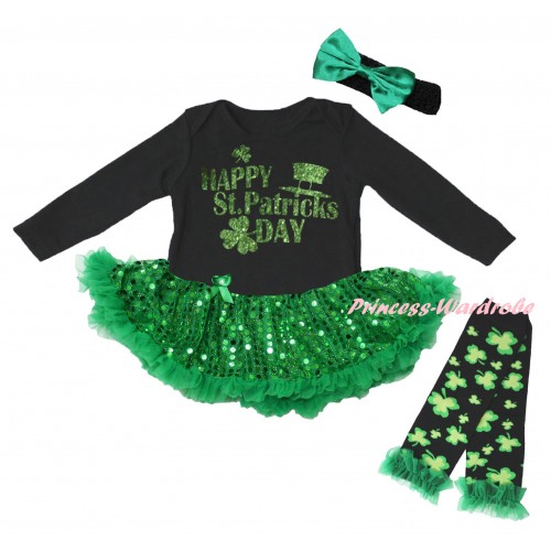 St Patrick's Day Black Long Sleeve Baby Bodysuit Jumpsuit Bling Kelly Green Sequins Pettiskirt & Sparkle Green Happy St Patrick's Day Painting & Black Headband Kelly Green Bow & Warmers Leggings JS6405