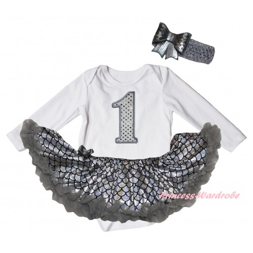 White Long Sleeve Baby Bodysuit Jumpsuit Grey Scale Pettiskirt & 1st Sparkle White Birthday Number Print & Grey Headband Bow JS6417