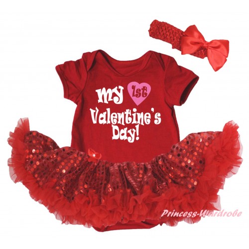 Valentine's Day Red Baby Bodysuit Jumpsuit Red Sequins Pettiskirt & My 1st Valentine's Day! Painting JS6421