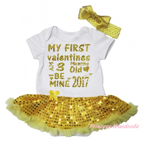 Valentine's Day White Baby Bodysuit Bling Yellow Sequins Pettiskirt & Sparkle Gold My First Valentines I Am 3 Months Old Be Mine 2017 Painting JS6423
