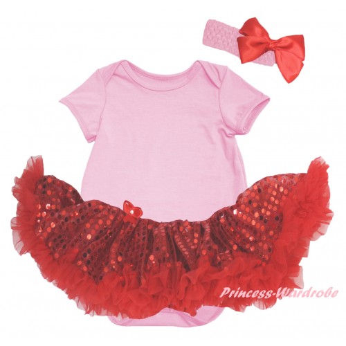 Light Pink Baby Bodysuit Jumpsuit Bling Red Sequins Pettiskirt JS6425 