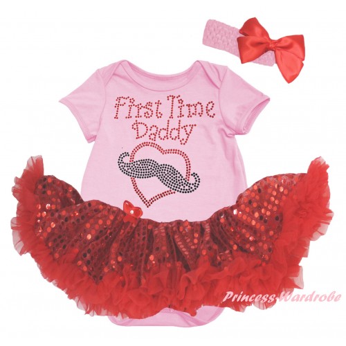 Light Pink Baby Bodysuit Jumpsuit Bling Red Sequins Pettiskirt & Sparkle Rhinestone First Time Daddy Print JS6430