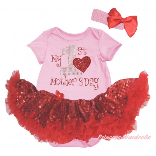Mother's Day Light Pink Baby Bodysuit Jumpsuit Bling Red Sequins Pettiskirt & Sparkle Rhinestone My 1st Mother's Day Print JS6431