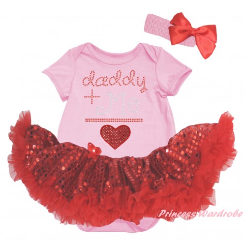 Light Pink Baby Bodysuit Jumpsuit Bling Red Sequins Pettiskirt & Sparkle Rhinestone Daddy Plus Me Is Red Heart Print JS6432