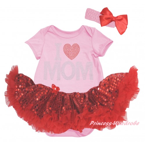 Light Pink Baby Bodysuit Jumpsuit Bling Red Sequins Pettiskirt & Sparkle Rhinestone I Love Mom Print JS6433