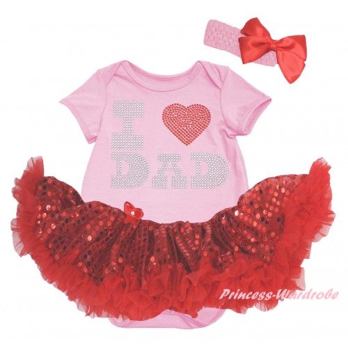Light Pink Baby Bodysuit Jumpsuit Bling Red Sequins Pettiskirt & Sparkle Rhinestone I Love Dad Print JS6434