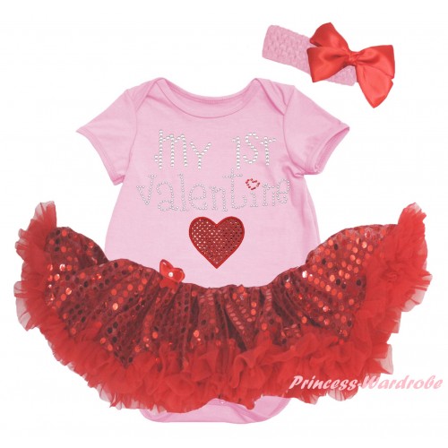Valentine's Day Light Pink Baby Bodysuit Jumpsuit Bling Red Sequins Pettiskirt & Sparkle Rhinestone My 1st Valentine Sparkle Red Heart Print JS6435