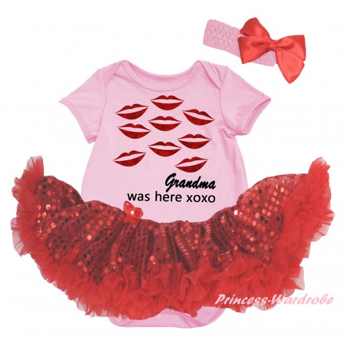Valentine's Day Light Pink Baby Bodysuit Jumpsuit Bling Red Sequins Pettiskirt & Sparkle Red Kisses Black Grandma Was Here Xoxo Painting JS6436
