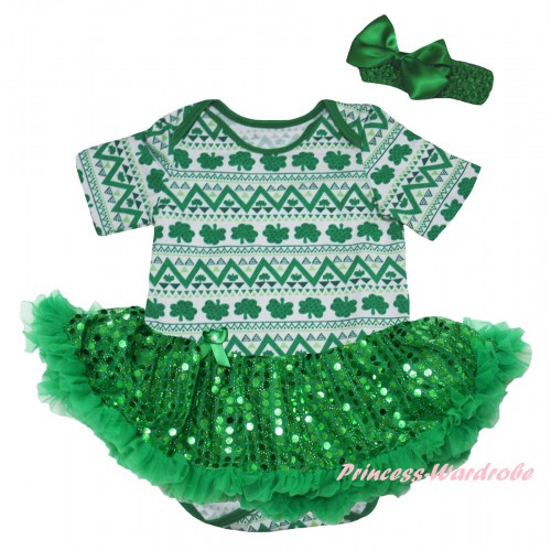 St Patrick's Day White Kelly Green Clover Baby Bodysuit Jumpsuit Bling Kelly Green Sequins Pettiskirt JS6437
