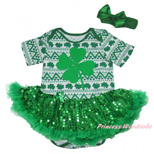 St Patrick's Day White Kelly Green Clover Baby Bodysuit Jumpsuit Bling Kelly Green Sequins Pettiskirt & Green Clover Painting JS6440