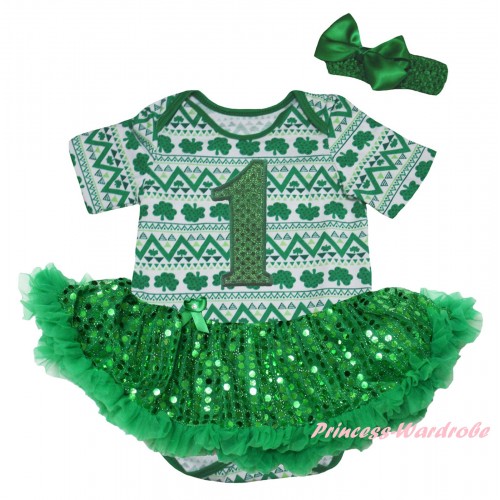St Patrick's Day White Kelly Green Clover Baby Bodysuit Jumpsuit Bling Kelly Green Sequins Pettiskirt & 1st Sparkle Kelly Green Birthday Number Print JS6442