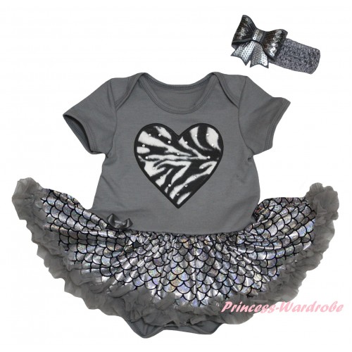Grey Baby Jumpsuit Silver Grey Scale Pettiskirt & Zebra Heart Print JS6451