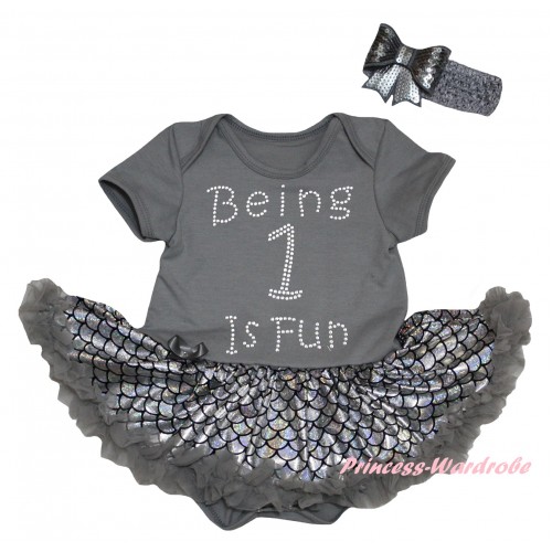 Grey Baby Jumpsuit Silver Grey Scale Pettiskirt & Sparkle Rhinestone Being 1 Is Fun Print JS6453