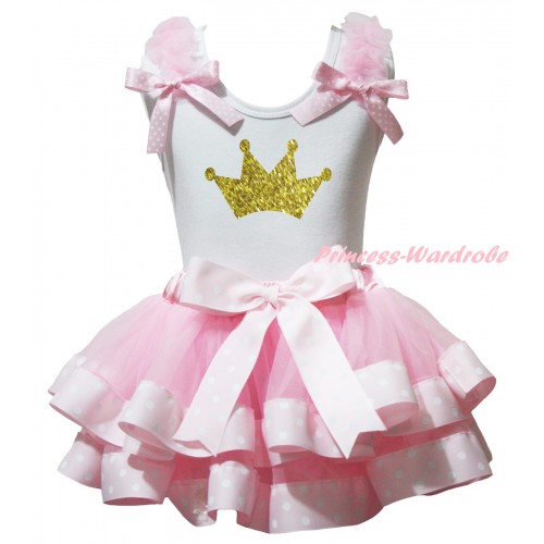 White Tank Top Light Pink Ruffles Pink White Dots Bow & Sparkle Gold Crown Painting & Light Pink White Dots Trimmed Pettiskirt MG2778