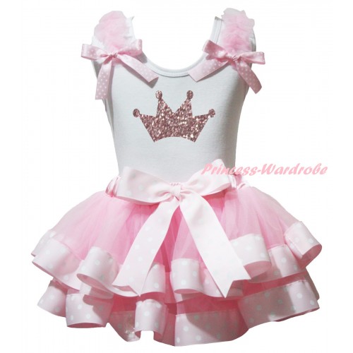White Tank Top Light Pink Ruffles Pink White Dots Bow & Sparkle Light Pink Crown Painting & Light Pink White Dots Trimmed Pettiskirt MG2779