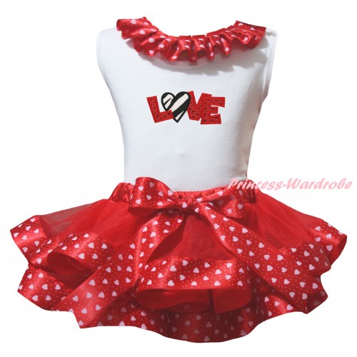 Valentine's Day White Pettitop Red Light Pink Heart Lacing & Sparkle Red LOVE Zebra Heart Print & Red Light Pink Heart Trimmed Pettiskirt MG2812