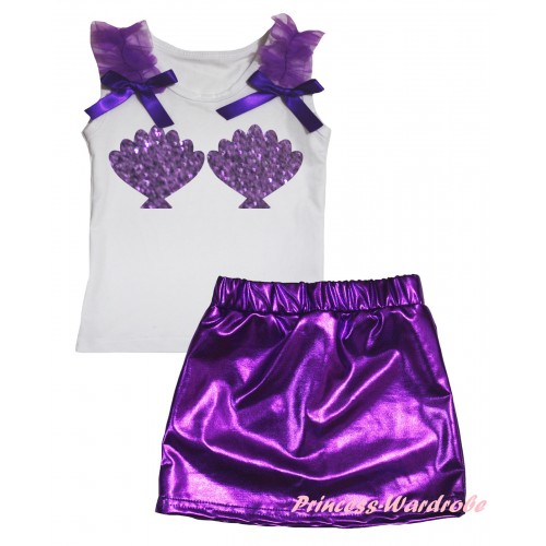 White Tank Top Dark Purple Ruffles & Bows & Mermaid Shell Bra Painting & Bling Purple Shiny Girls Skirt Set MG2863