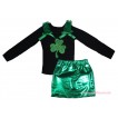 St Patrick's Day Black Tank Top Kelly Green Ruffles & Bows & Sparkle Kelly Green Clover Print & Bling Green Shiny Girls Skirt Set MG2876