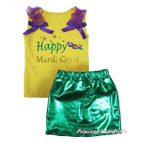 Mardi Gras Yellow Tank Top Dark Purple Ruffles & Bows & Sparkle Happy Mardi Gras! Clown Mask Painting & Bling Green Shiny Girls Skirt Set MG2878