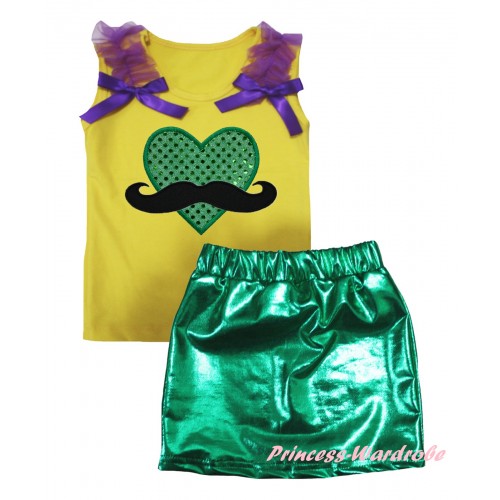 St Patrick's Day Yellow Tank Top Dark Purple Ruffles & Bows & Mustache Sparkle Kelly Green Heart Print & Bling Green Shiny Girls Skirt Set MG2881