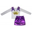 Mardi Gras White Tank Top Dark Purple Ruffles & Bows & Sparkle Mardi Gras Princess Crown Painting & Bling Purple Shiny Girls Skirt Set MG2883
