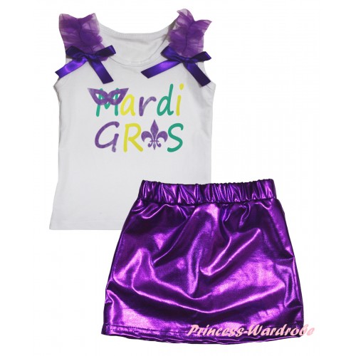Mardi Gras White Tank Top Dark Purple Ruffles & Bows & Mardi Gras Painting & Bling Purple Shiny Girls Skirt Set MG2884