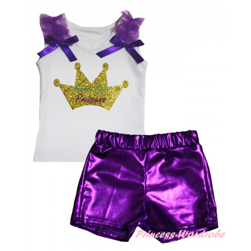 Mardi Gras White Tank Top Dark Purple Ruffles & Bows & Sparkle Mardi Gras Princess Crown Painting & Bling Purple Shiny Girls Pantie Set MG2902