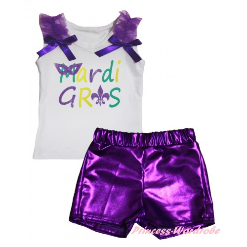 Mardi Gras White Tank Top Dark Purple Ruffles & Bows & Mardi Gras Painting & Bling Purple Shiny Girls Pantie Set MG2903