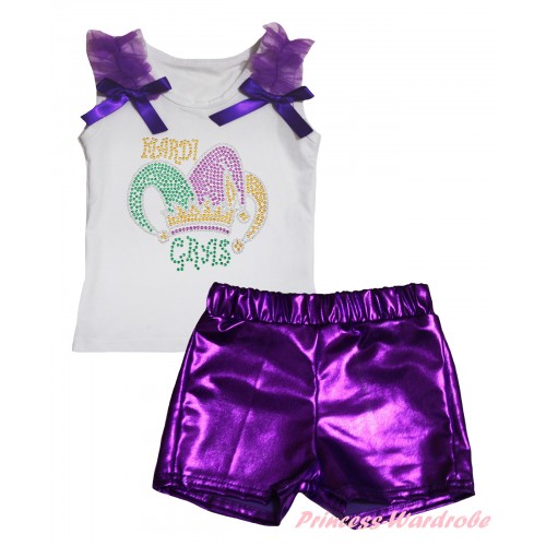 Mardi Gras White Tank Top Dark Purple Ruffles & Bows & Rhinestone Mardi Gras Clown Hat Print & Bling Purple Shiny Girls Pantie Set MG2906