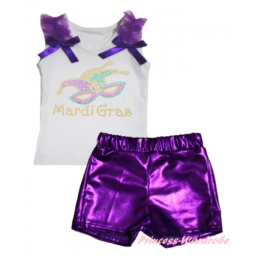 Mardi Gras White Tank Top Dark Purple Ruffles & Bows & Rhinestone Mardi Gras Clown Mask Print & Bling Purple Shiny Girls Pantie Set MG2907