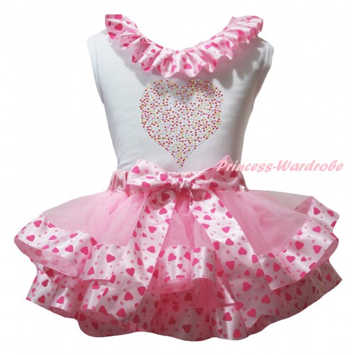 White Baby Pettitop Light Hot Pink Heart Lacing & Sparkle Crystal Bling Rhinestone Rainbow Heart Print & Light Hot Pink Heart Trimmed Newborn Pettiskirt NG2361