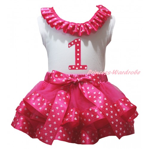 White Baby Pettitop Hot Light Pink Heart Lacing & 1st Hot Pink White Dots Birthday Number & Hot Light Pink Heart Trimmed Newborn Pettiskirt NG2384