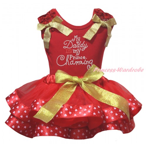 Red Baby Pettitop Red Ruffles Gold Bows & Sparkle Rhinestone Daddy Is My Prince Charming Print & Gold Red Light Pink Heart Trimmed Newborn Pettiskirt NG2396