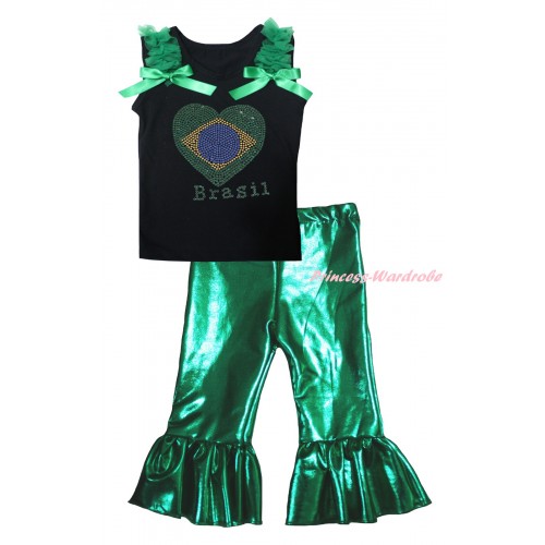 World Cup Black Tank Top Kelly Green Ruffles & Bows & Sparkle Crystal Bling Rhinestone Brazil Heart Print & Kelly Green Shiny Pants Set P074