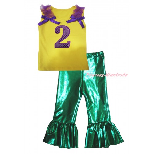 Yellow Tank Top Dark Purple Ruffles & Bows & 2nd Sparkle Dark Purple Birthday Number Print & Kelly Green Shiny Pants Set P077