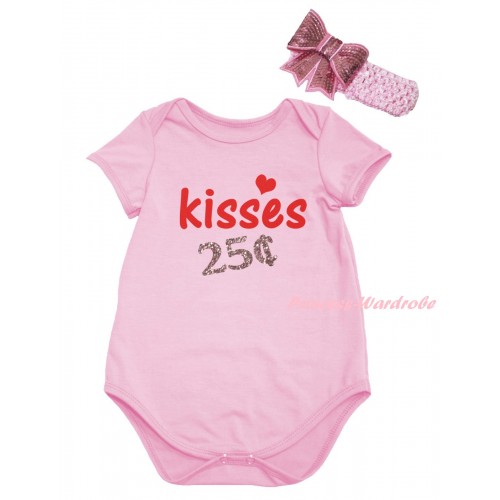 Valentine's Day Light Pink Baby Jumpsuit & Sparkle Light Pink Red Kisses 25 cents Painting & Light Pink Headband Bow TH854