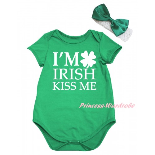 St Patrick's Day Kelly Green Baby Jumpsuit & White I'M IRISH KISS ME Painting & White Headband Kelly Green Bow TH859