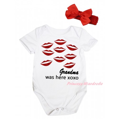 Valentine's Day White Baby Jumpsuit & Sparkle Red Kisses Black Grandma Was Here Xoxo Painting & Red Headband Bow TH863