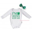 St Patrick's Day White Baby Jumpsuit & Sparkle Kelly Green I'M IRISH KISS ME Painting & White Headband Kelly Green Bow TH864