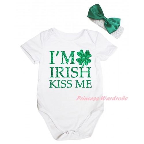 St Patrick's Day White Baby Jumpsuit & Sparkle Kelly Green I'M IRISH KISS ME Painting & White Headband Kelly Green Bow TH864