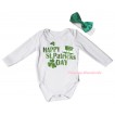 St Patrick's Day White Baby Jumpsuit & Sparkle Green Happy St Patrick's Day Painting & White Headband Kelly Green Bow TH866