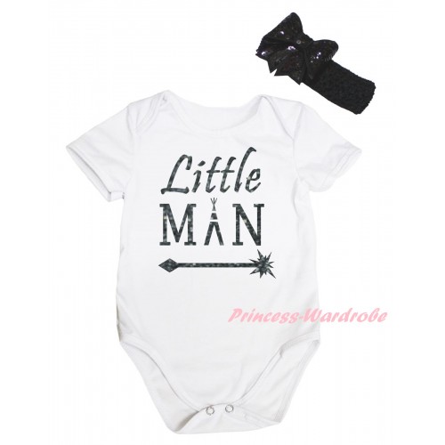 White Baby Jumpsuit & Sparkle Grey Little Man Painting & Black Headband Bow TH868