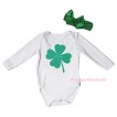 St Patrick's Day White Baby Jumpsuit & Kelly Green Clover Painting & Kelly Green Headband Bow TH869