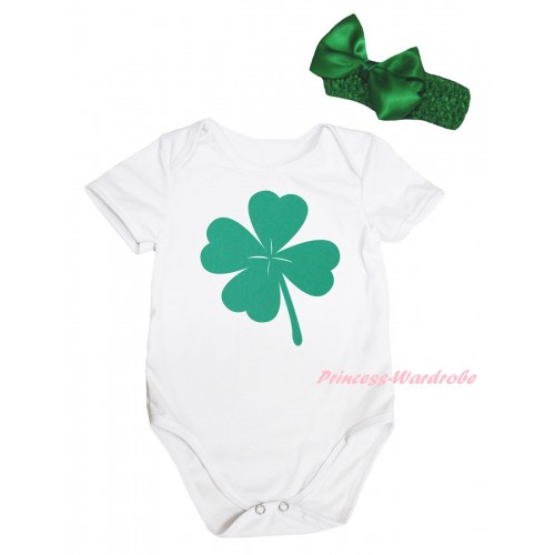 St Patrick's Day White Baby Jumpsuit & Kelly Green Clover Painting & Kelly Green Headband Bow TH869